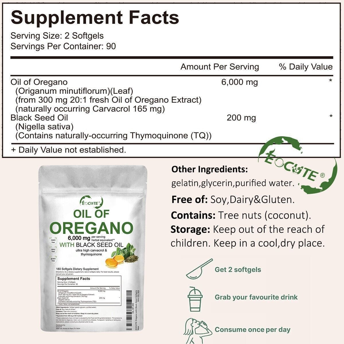 Organic Oil of Oregano 180 Softgels 2 in 1 Black Seed Oil Herbal Supplement