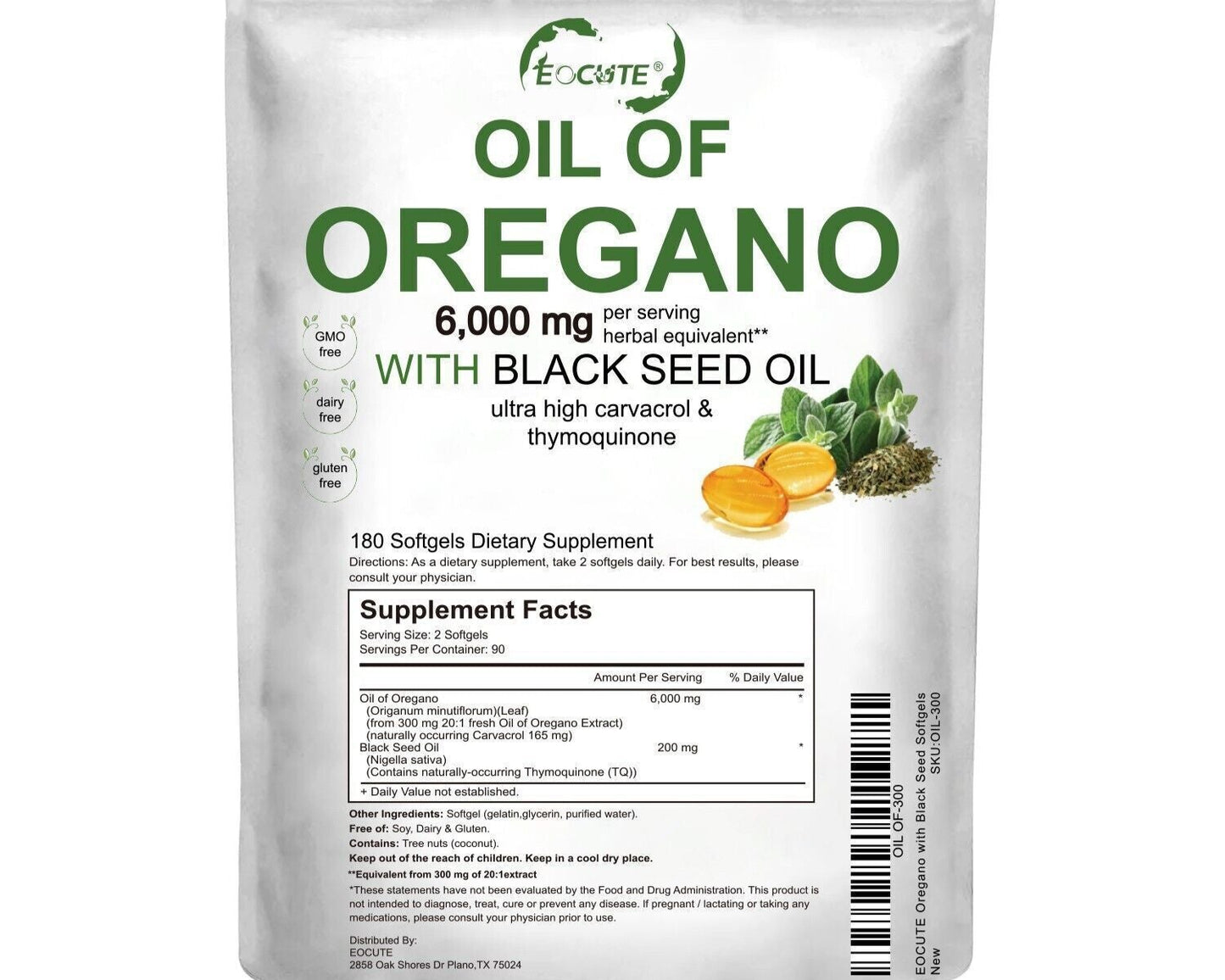 Organic Oil of Oregano 180 Softgels 2 in 1 Black Seed Oil Herbal Supplement
