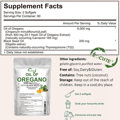 Organic Oil of Oregano 180 Softgels 2 in 1 Black Seed Oil Herbal Supplement